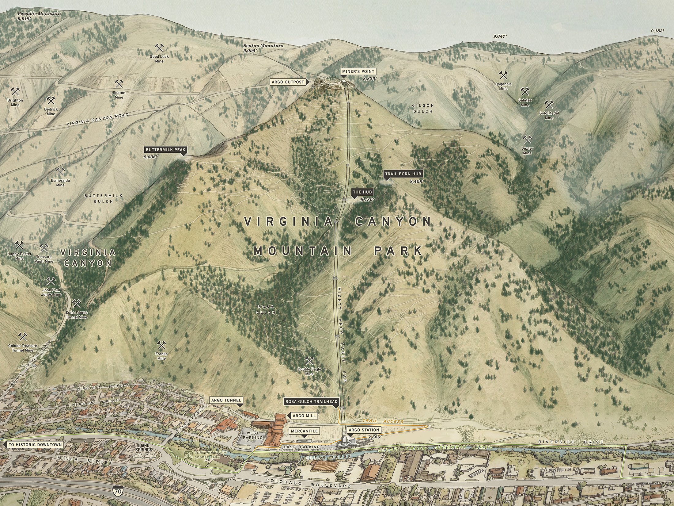 Illustrated map of Virginia Canyon Mountain Park, from Argo Station in Idaho Springs up to Miners Point Summit