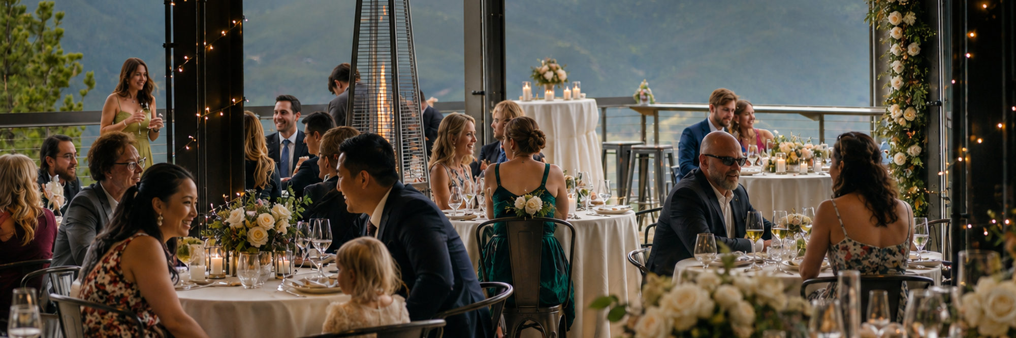 A wedding reception on the Outpost deck, tables set under the open glass with the mountains beyond